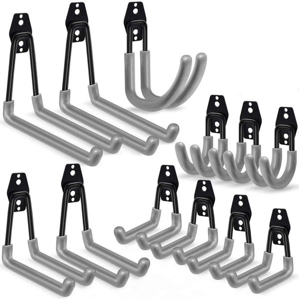 

pack garage hooks, steel storage hooks heavy duty anti-slip coating, for organizing bikes, lawn & rails