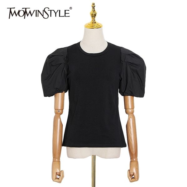 

twowinsyle minimalist white shirt for women o neck lantern sleeve solid shirts female fashion clothing stylish summer 210524