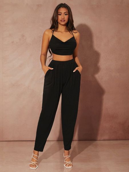 

sxy criss cross backless draped crop cami & elastic waist pants g5ws#, White