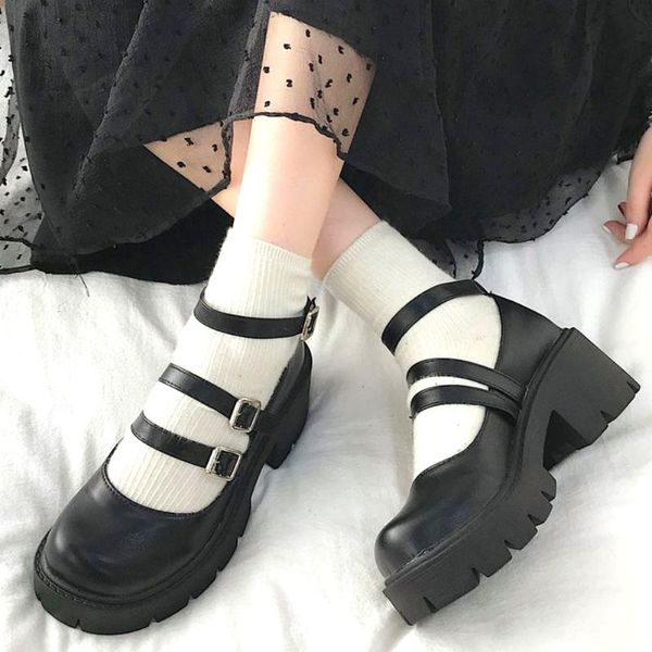 

dress shoes brand 2021 black gothic style lolita leisure square heels buckles mary janes skidproof platform woman pumps