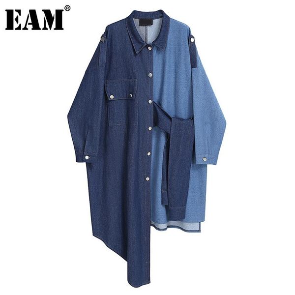 

[eam] women big size irregular contrast color blue denim dress lapel long sleeve loose fashion spring autumn 2021 1dd4146 casual dresses, Black;gray