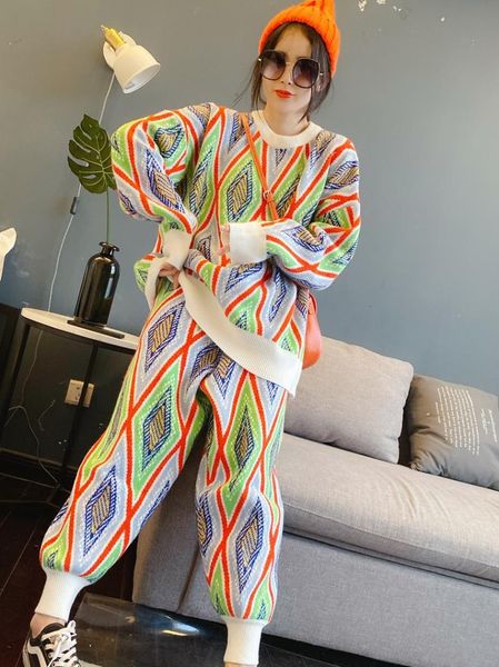 

women's two piece pants korobov korean fashion streetwear women plaid knitted 2 pcs sets vintage harajuku pullovers sweater and high wa, White