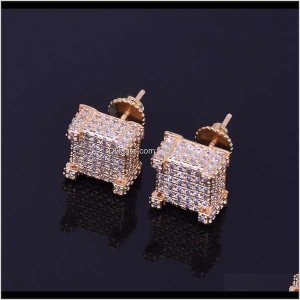 

stud 10x10mm mens zircon earring hip hop style copper material iced bling cz square earrings screwback fashion jewelry sic95 kjvg5, Golden;silver