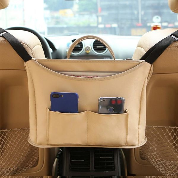 

car organizer upgraded leather net pocket bag holder between the two seats of luggage storage auto interior accessories