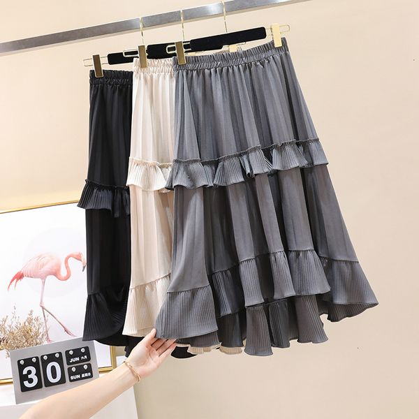 

Skirts skirts Autumn High Low Cakee A-line Elastic Waist Irregular Pleated Ruffled Mid Calf Long S IX9G, Black