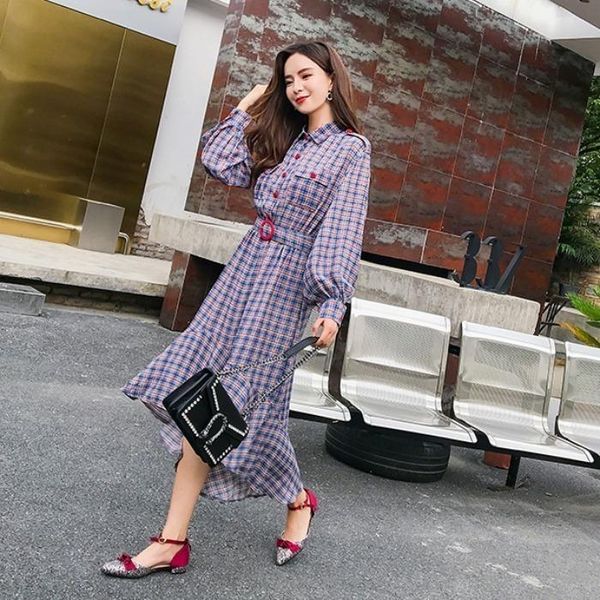 

casual dresses 2021 spring dress ruffled plaid slim lantern sleeve women's long-sleeved fashion evening temperament, Black;gray