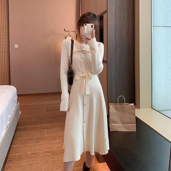 

autumn hollow knitted a-line dress women korean chic long sleeve belt lace-up sweater elegant retro slim party casual dresses, Black;gray
