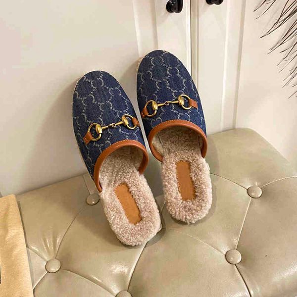 

slippers designer princetown women wool loafers winter warm ladies plush lazy non-slip slides classic metal buckle embroidery cotton shoes, Black