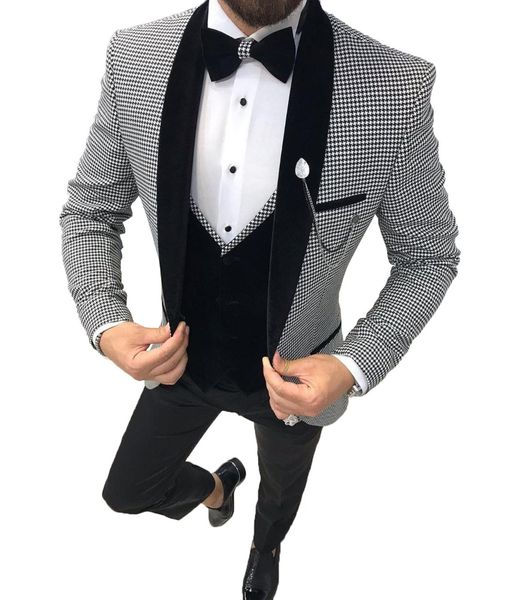 

3 pieces wedding tuxedos mens suits slim fit business retro classic houndst groom tweed suit (blazer+pants+vest), Black;gray