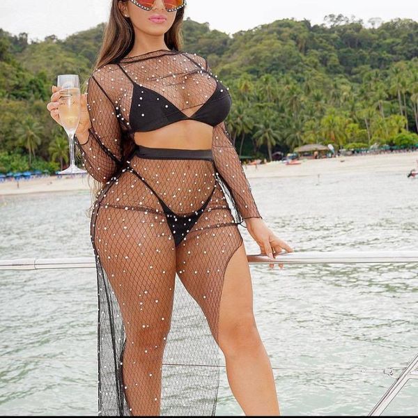 

swimming cover ups fishnet diamond beach up see through look two piece dress set mesh swimsuit swimwear dresses women's, White;black