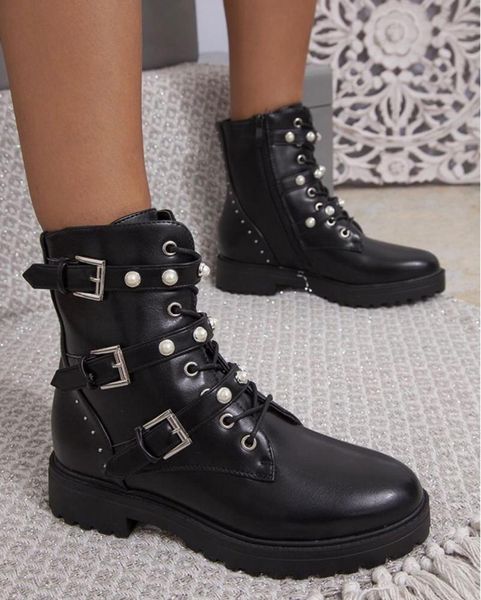 

boots [gogd]2021 pearl buckle women ankle lace up rivet casual buckles winter flats, Black