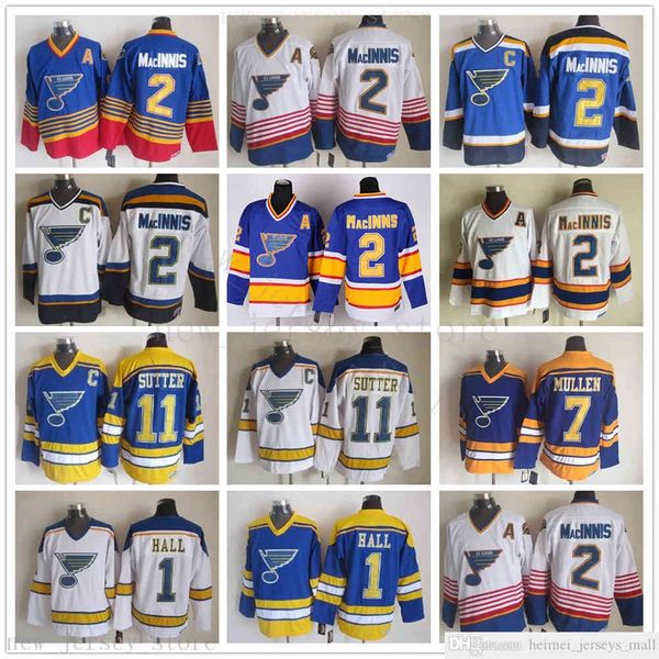 

vintage ccm st louis blues 2 al macinnis jerseys hockey 1 glenn hall 7 joe mullen 11 brian sutter jersey embroidery c patch, Black;red