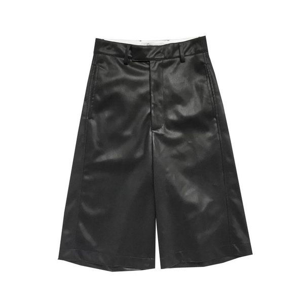 

women's pants & capris women pu leather waist wide leg knee length faux trousers female spring autumn, Black;white