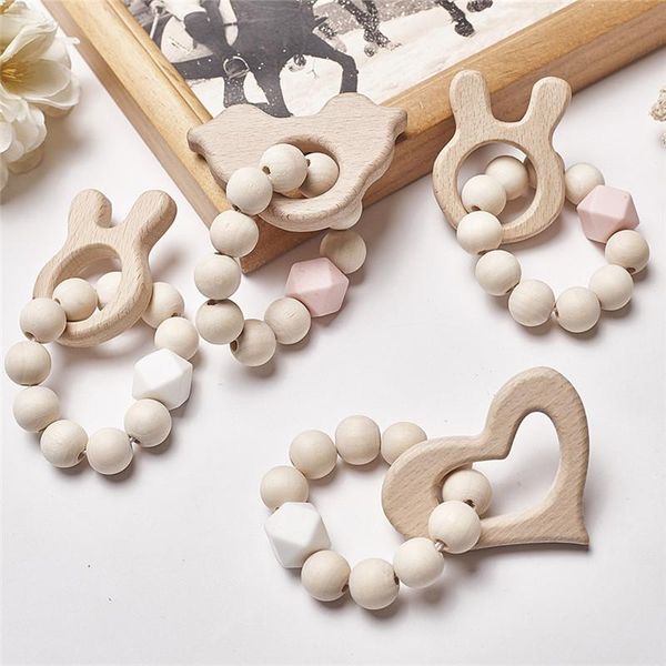 

2021 baby silicone nursing bracelets wood teether silicone beads teething wood rattles toys baby teether bracelets nursing toys gift