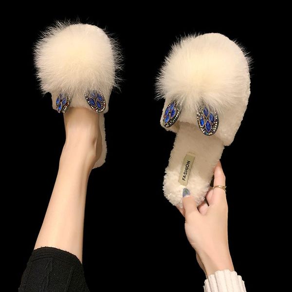

womens flock female shoes slippers outdoor winter footwear low slides fur flip flops cover toe fashion 2021 plush flat luxury, Black