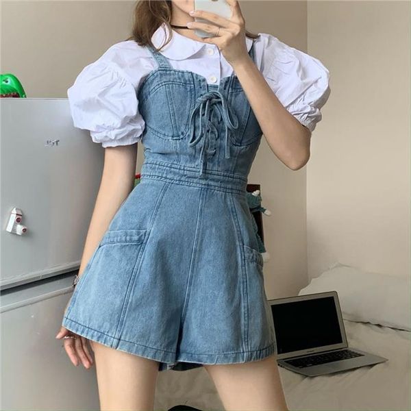 

korean and japanese jumpsuits short womens pants denim jumpsuit romper spring summer overalls casual jeans playsuits, Black;white
