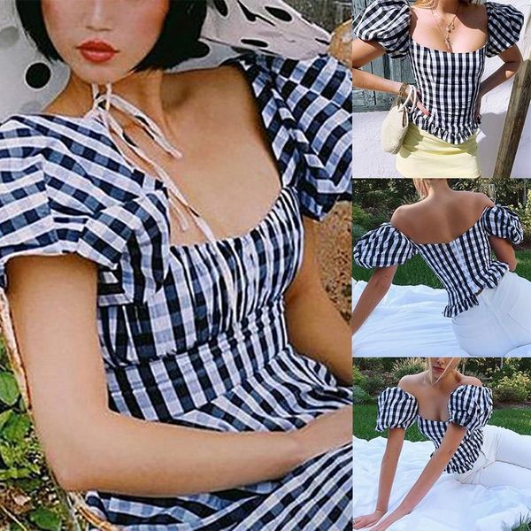 

women's t-shirt fashion plaid puff sleeve slim one-neck short black, White