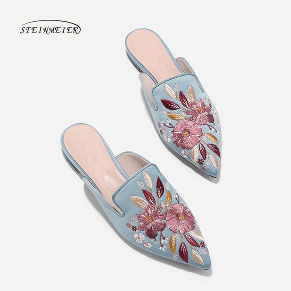 

slippers women sandals embroidery point toe flat mules shoes ladies suede summer woman 2021, Black