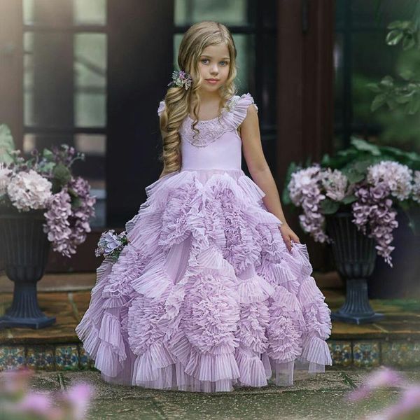 Abiti da ragazza Lavanda Boho Flower Girl Per matrimonio Gioiello Collo Increspature Abiti da spettacolo per bambini piccoli Tulle Abito da ballo per bambini