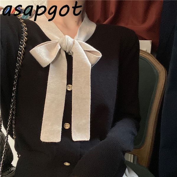

sweaters&jumpers butterfly collar black bow knitted cardigan jacket thin slim chic retro contrast color outfits elegant 210429, White