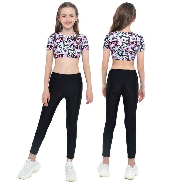 

clothing sets 2pcs kids girls teens sport suit short sleeve crop high waist letters graffiti print pants trousers set for ballet dancewe, White