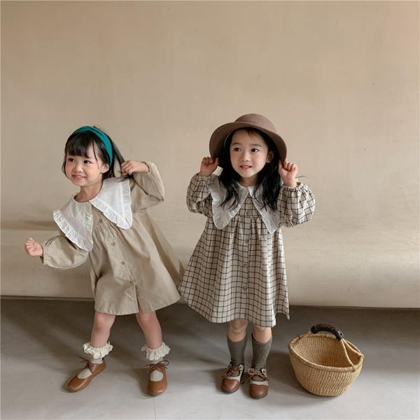 

girl's dresses 2021 autumn korean children's skirt cotton linen lace lapel plaid thin dress, Red;yellow