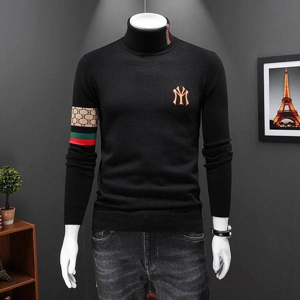 

men's embroidered turtleneck sweater, warm casual clothing brand, fashion digner, high-end luxury, autumn and winter, 2021, White;black