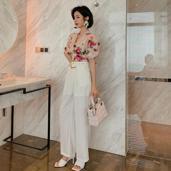 

women's tracksuits arrival fashion sets for women summer elegant vintage print office lady sleeve and long pants two piece, Gray