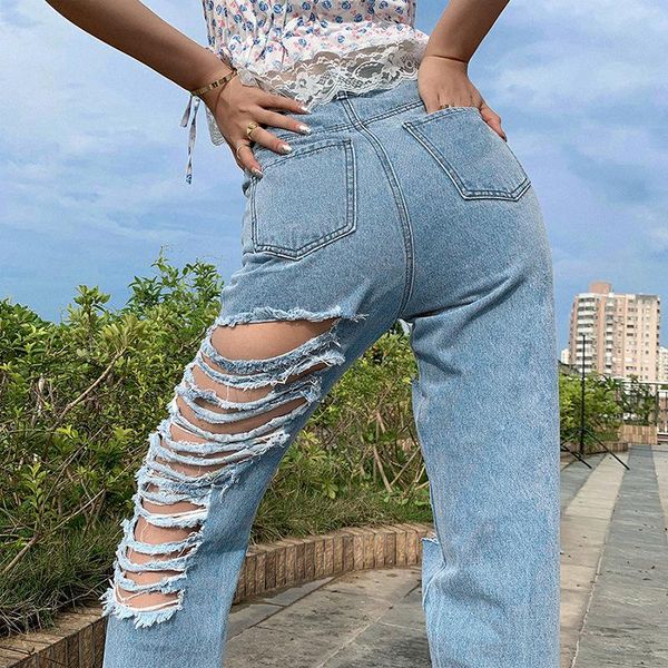 

women casual hollow hole jeans hip hop slim pants streetwear denim women's, Blue