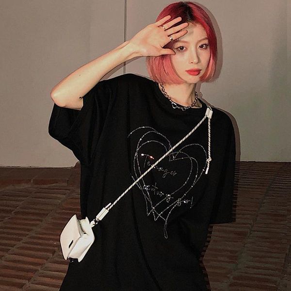 

women's t-shirt rhinestone print short sleeve loose women hip-hop streetwear black y2k hip hop korean drop vintage clothes, White