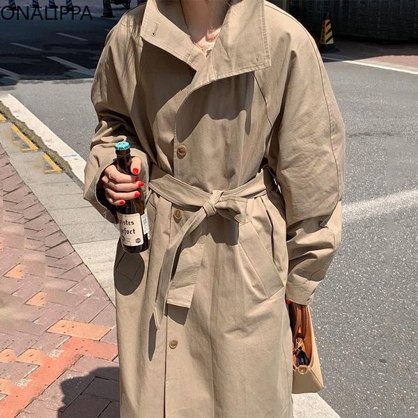 

women's jackets onalippa trench women 2021 autumn korean chic retro temperament high neck tie waist single breasted puff sleeve windbre, Black;brown