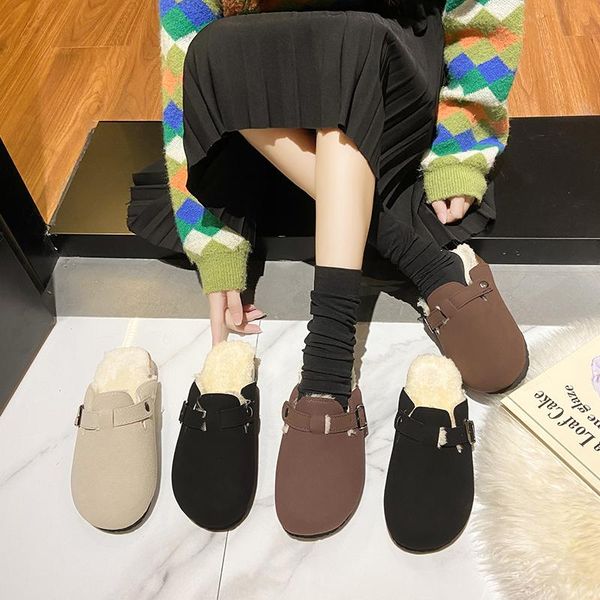 

slippers flat shoes female plush for adults med luxury slides cover toe loafers slipers women mules fur designer 2021 with, Black