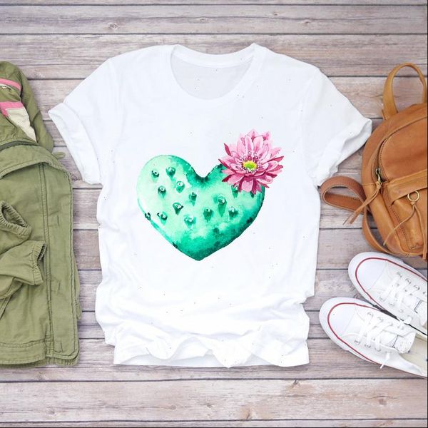 

cactus casual cute clothing womens valentine flower floral print graphic tee shirt, White