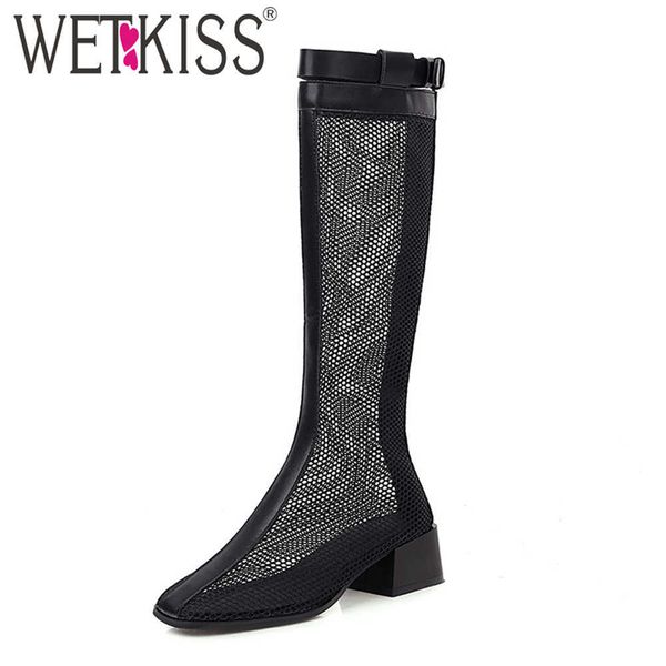 

wetkiss big size women summer boots mesh knee boot hoof med heels square toe ladies shoes knight buckle strap woman shoe 210630, Black