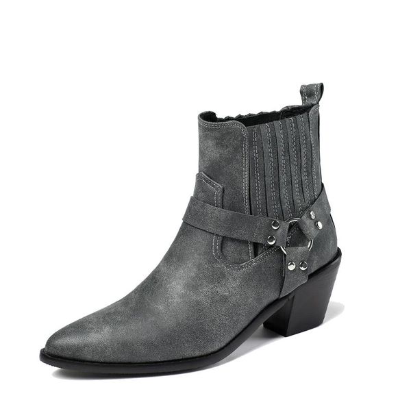 

boots women's pointed toe thick cowboy with belt buckle ladies shoes heel height retro solid ankle boot, Black