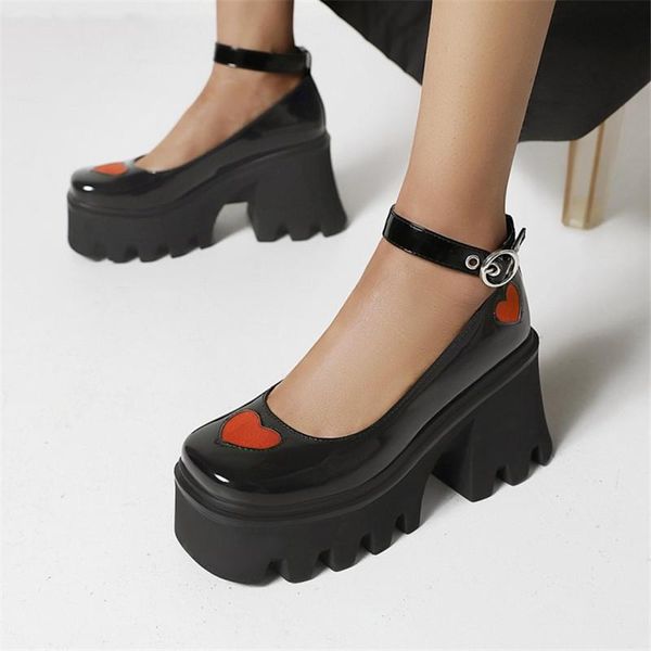 

romantic heart shaped women chunky high heels shoes punk gothic cool thick sole platform pumps cosplay 2021 spring 35-43 dress, Black