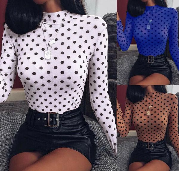 

women's blouses & shirts ladies shirt polka dot see-through long sleeve tee blouse, White
