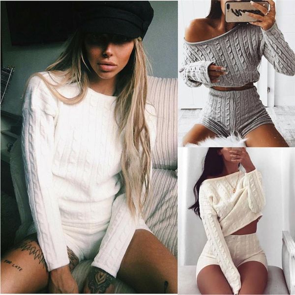 

2pcs women's long sleeve knitted sweater+short jumper knitwear tracksuit set tracksuits, Gray