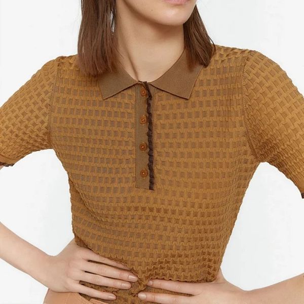 

t shirt women knitwear tees turn-down collar three-dimensional texture knitted short sleeve t-shirt with buttons, White