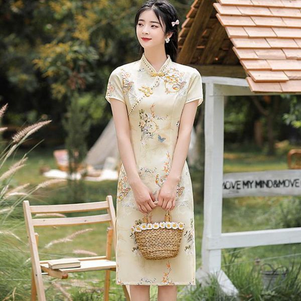 

ethnic clothing short chinese traditional dress yellow print flower cheongsam vintage button plus size 3xl 4xl qipao elegant vestidos, Red