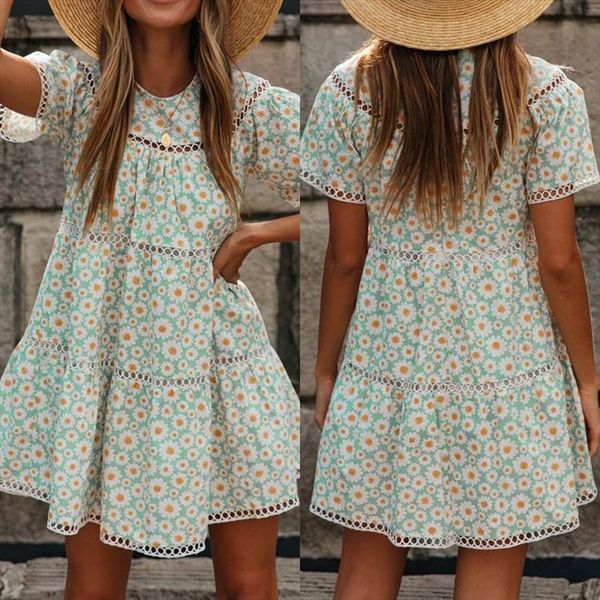 

boho beach floral print casual women dress loose mini, Black;gray