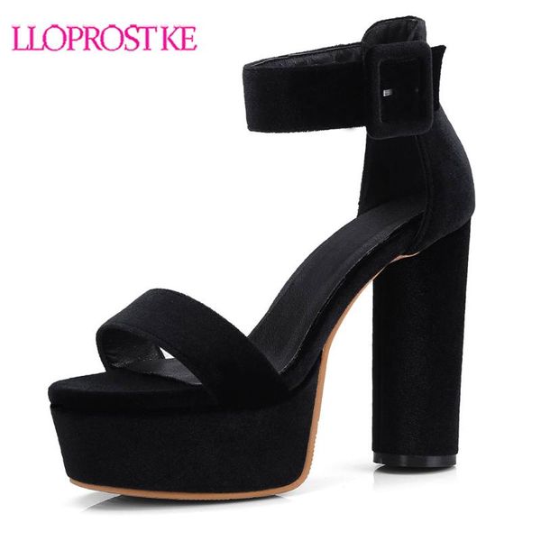 

lloprost ke 2021 summer high heels platform shoes leisure flock open toe women dress party thick heel sandals size 32-42 h315, Black