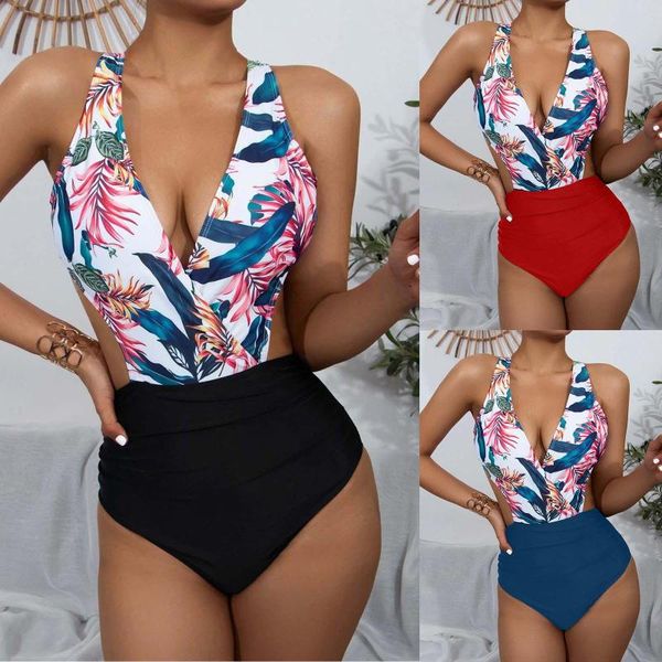 

women's swimwear bikini 2021 fashion flower plant print swimsuit women summer female one-piece beachwear brazilian halter bowknot, White;black