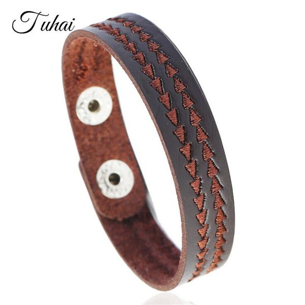 

link, chain vintage punk style man leather bracelet geometric embroidered bracelets&bangles wrap button handmade male jewelry, Black