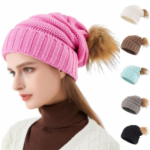 

beanies winter knitting yarn hats women 2021 cute fashion hairball warm female thick riding windproof hat skullies beanie caps