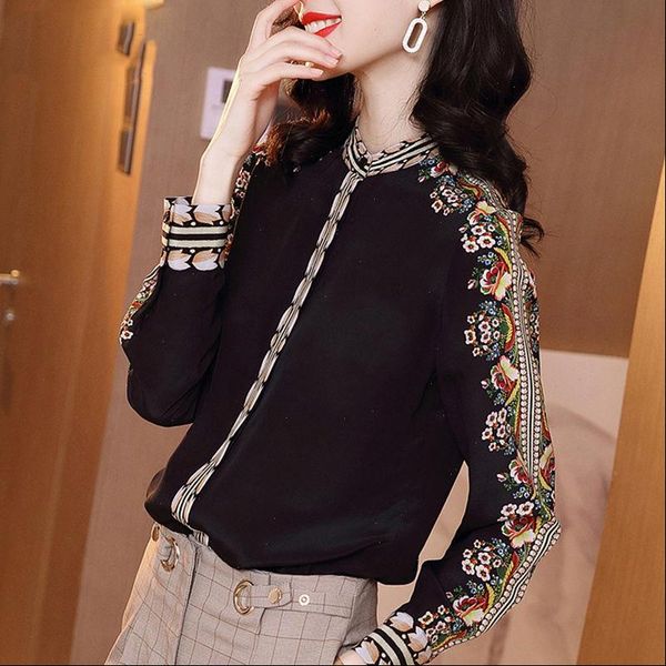 

black chiffon long sleeved women blouses spring autumn stand up collar retro printing blouse, White