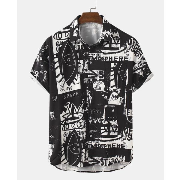 

men's dress shirts fashion mens graffiti print chest pocket short sleeve japanese street blouse black white shirt men, White;black