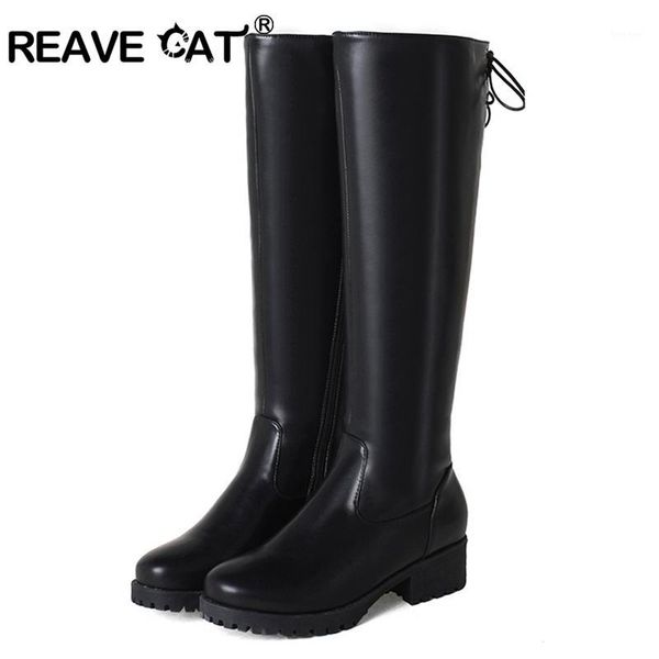

boots reave cat plus size 34-43 women knee-high med heel zapatos femininos flock pu black fashion casual concise a10261