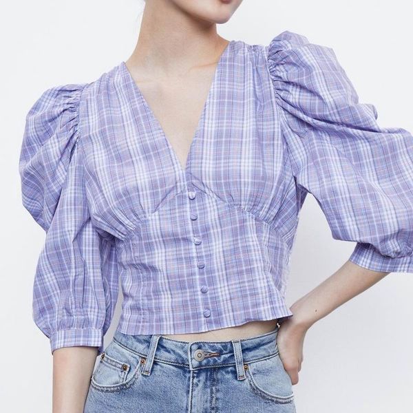 

women's blouses & shirts chic women blouse plaid shirt summer 2021 fashion puff sleeve v-neck feminino blusa modern lady short pullover, White