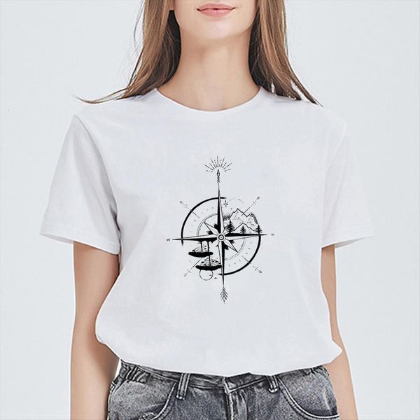 

fashion cool summer compass tattoo women t shirts design retro aesthetic versatile plus size funny cute ropa mujer, White